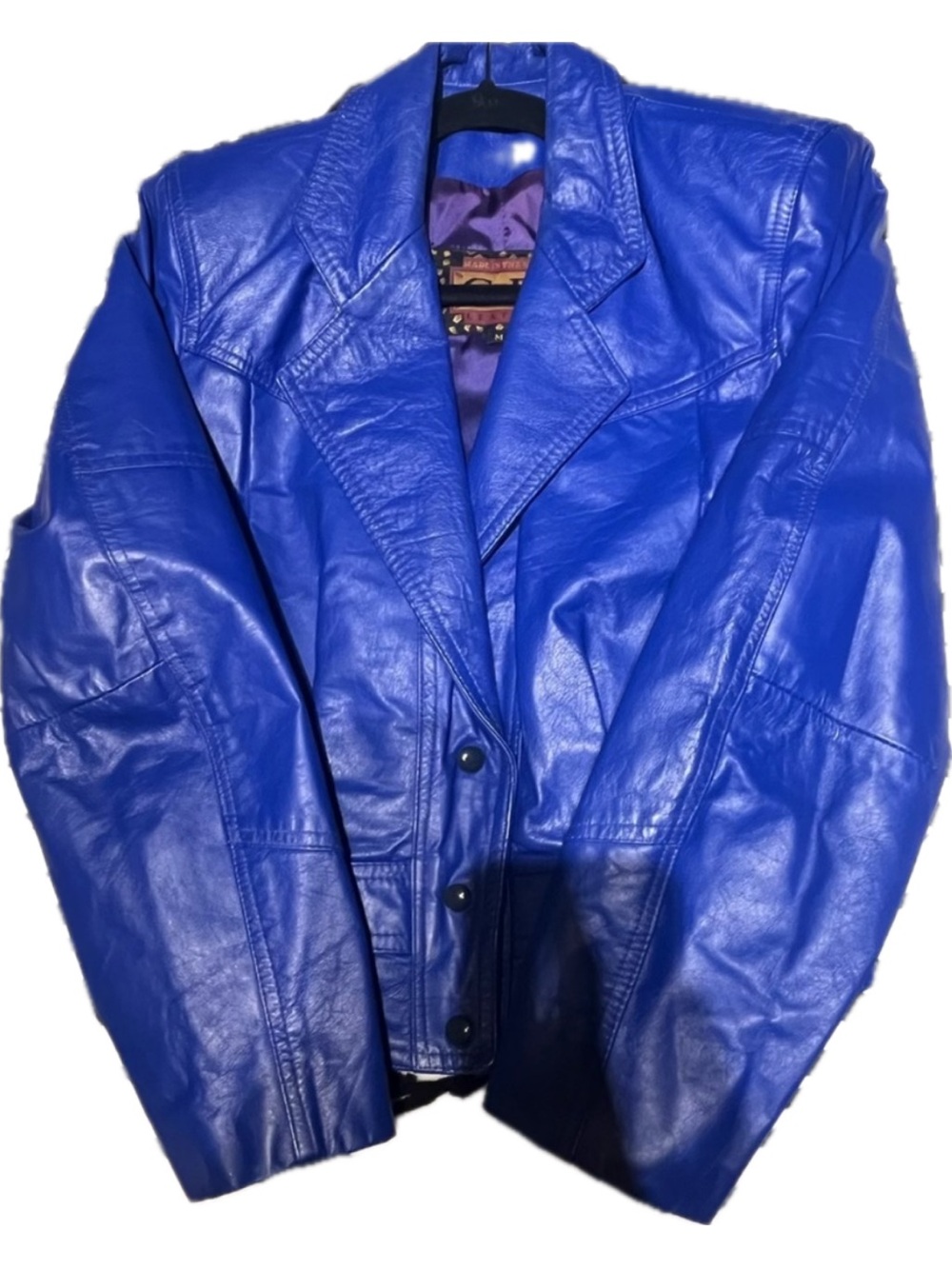 Bright blue vintage short cropped crop leather jacket coat New York City NYC 90s